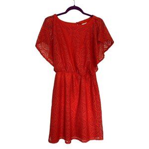 Emma & Michele Coral Red Crocheted Flutter Sleeve Dress with Slip Size 6